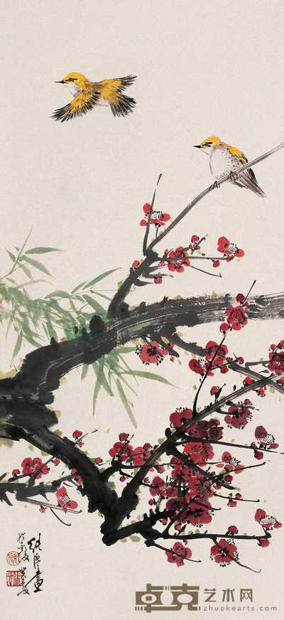 徐纯原 2003年作 红梅双鸟图 镜心 97×45cm
